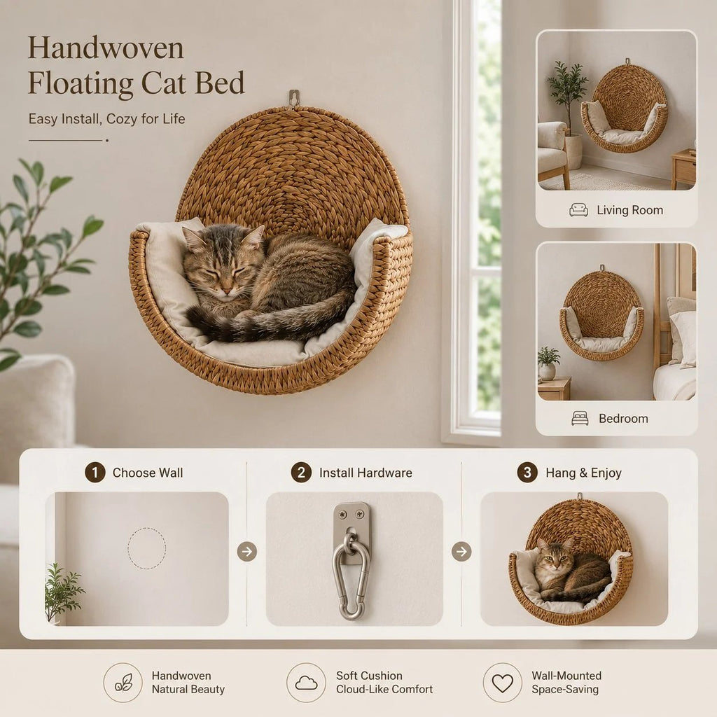 Handwoven Floating Cat Bed & Wall Perch: Space-Saving Lounger with Ultra-Soft Washable Cushion 🐱✨