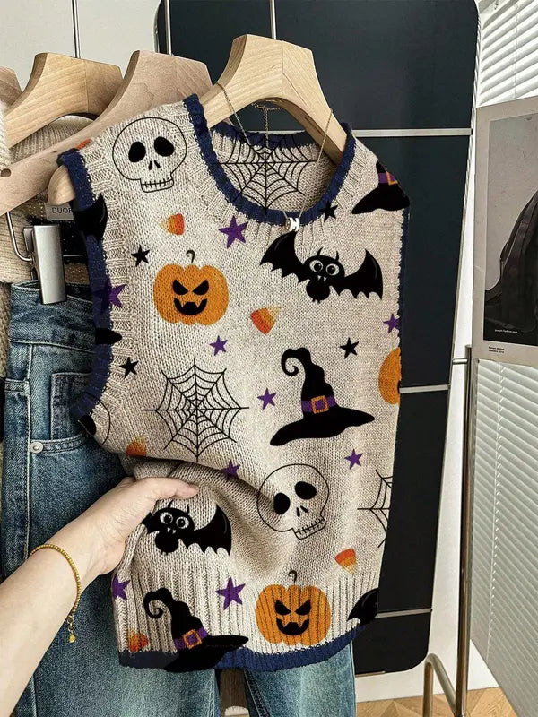 Women’s Halloween Knit Sweater Vest – Cozy Spooky Layering Top for Fall Outfits