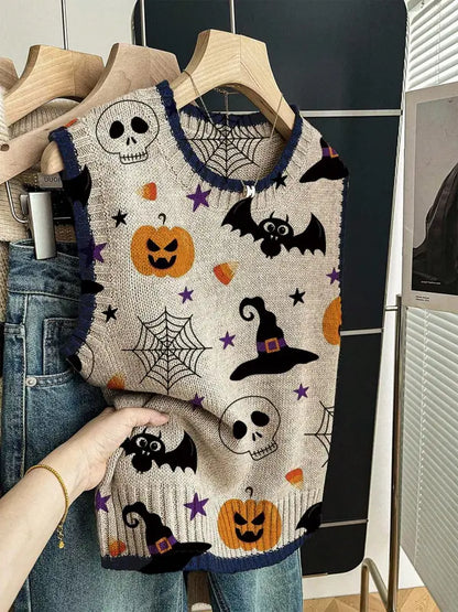 Women’s Halloween Knit Sweater Vest – Cozy Spooky Layering Top for Fall Outfits