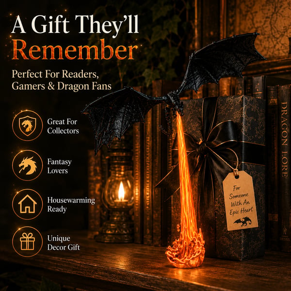 🐉 Light-Up Dragon Fire Bookshelf Lamp — Gothic Mythical Dragon Statue with Cascading Luminous Flame Effect ✨