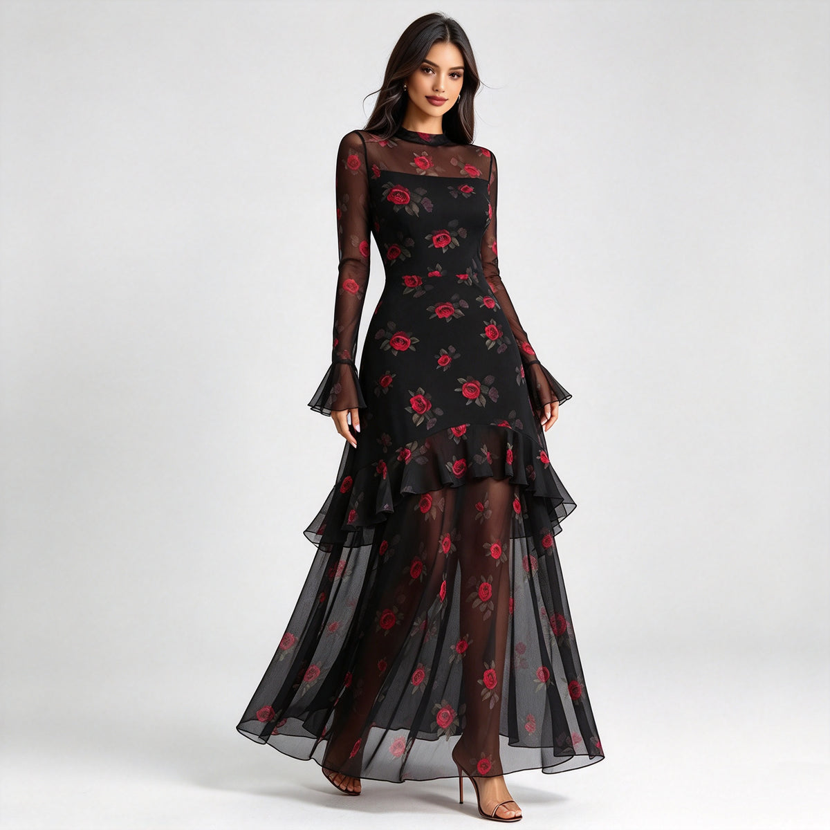 Vintage Floral Embroidered Mesh Long Sleeve Maxi Dress