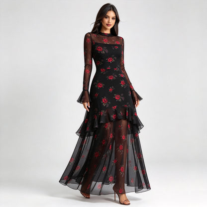 Vintage Floral Embroidered Mesh Long Sleeve Maxi Dress