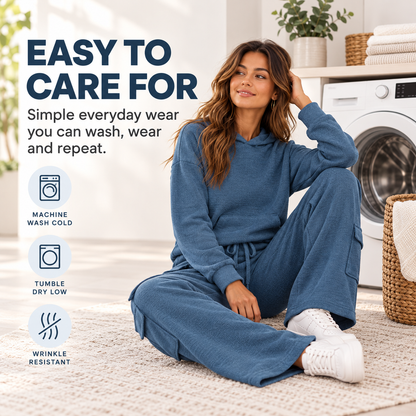 Women’s Soft Hooded Lounge Set with Wide-Leg Cargo Pants & Pockets