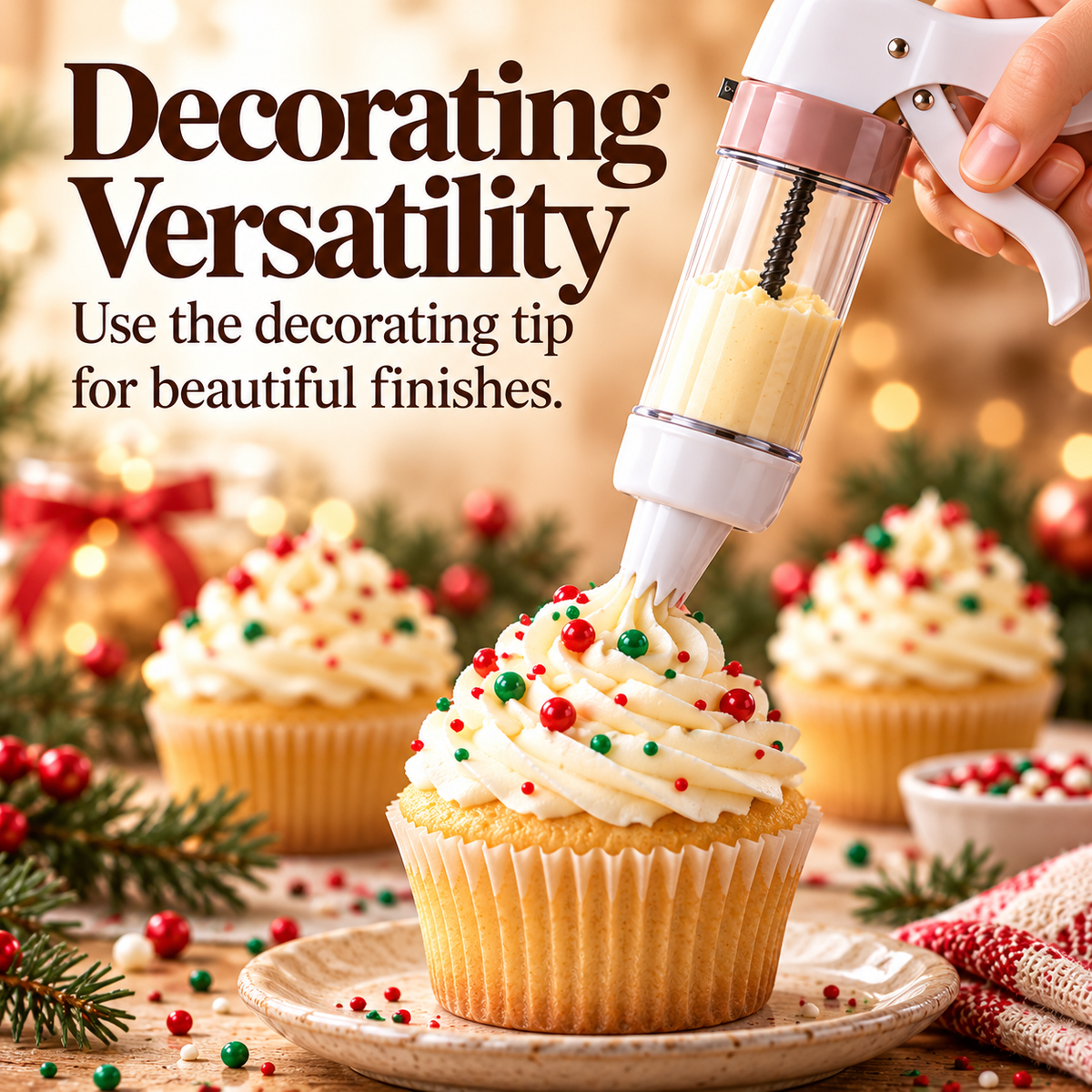 Cookie decorating press with piping nozzle adding swirled frosting to cupcake