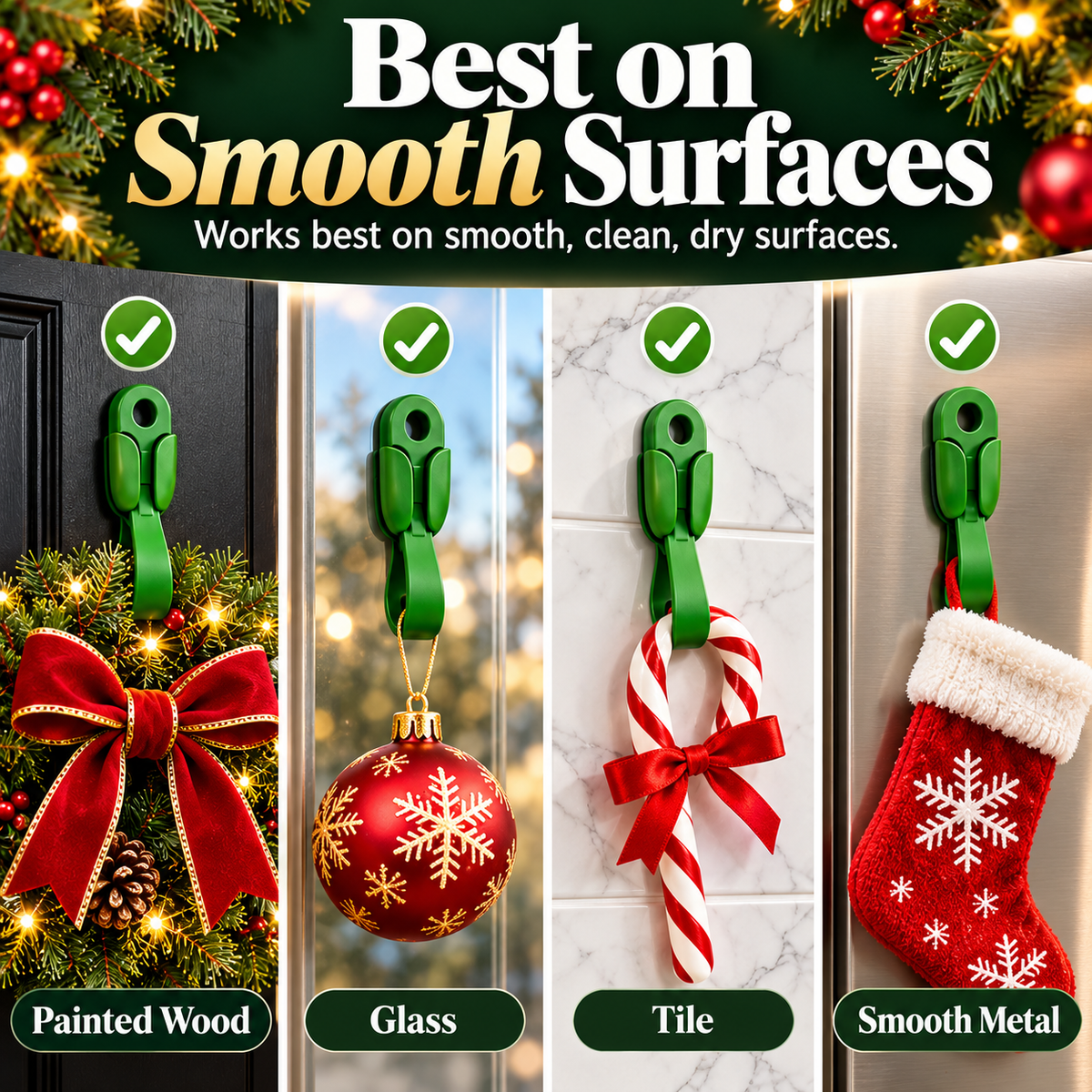 🎄Reusable Christmas Decoration Adhesive Hooks—Suitable for a Variety of Surfaces🎅