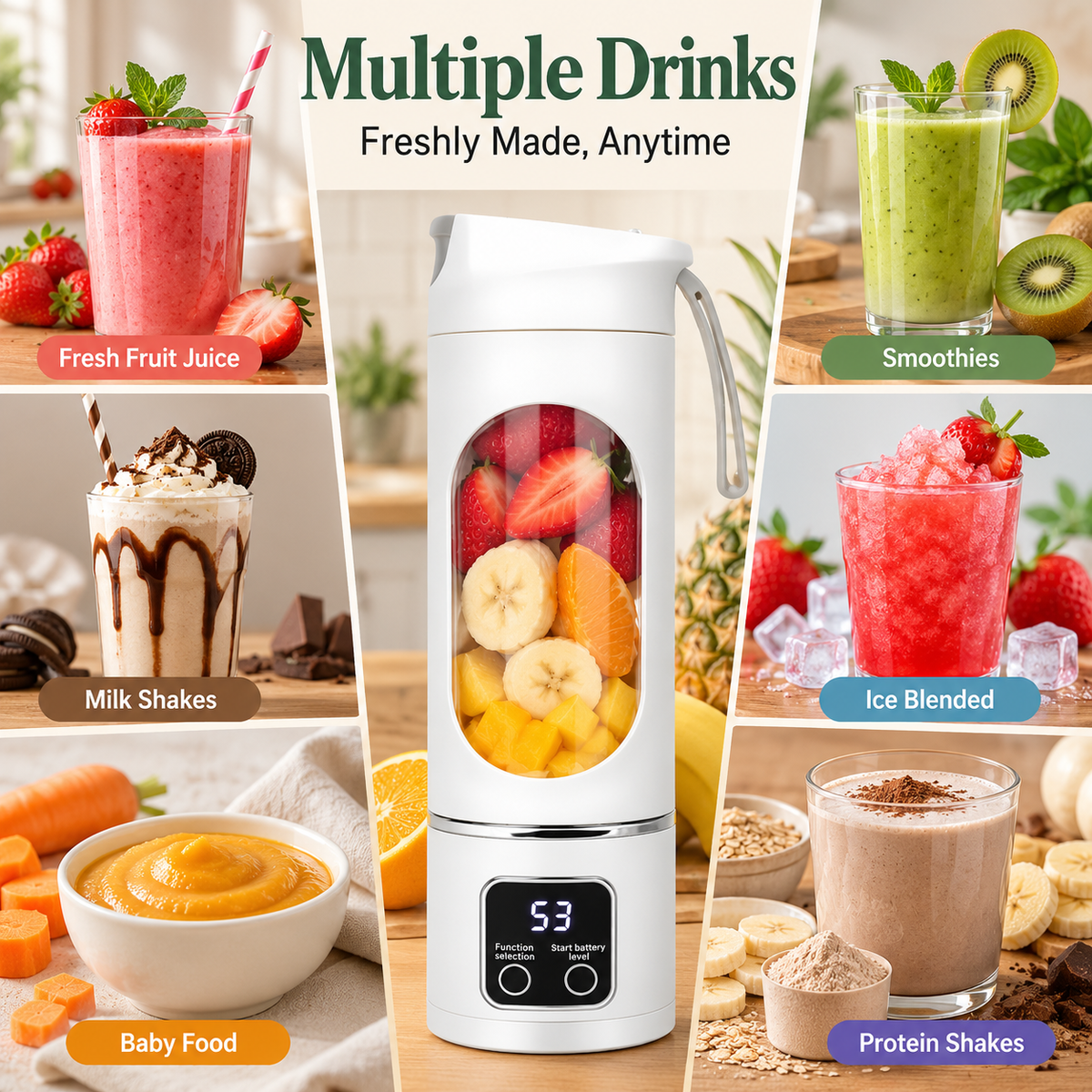 Portable Wireless Blender – 12 Blades, 3 Speeds & Digital Display