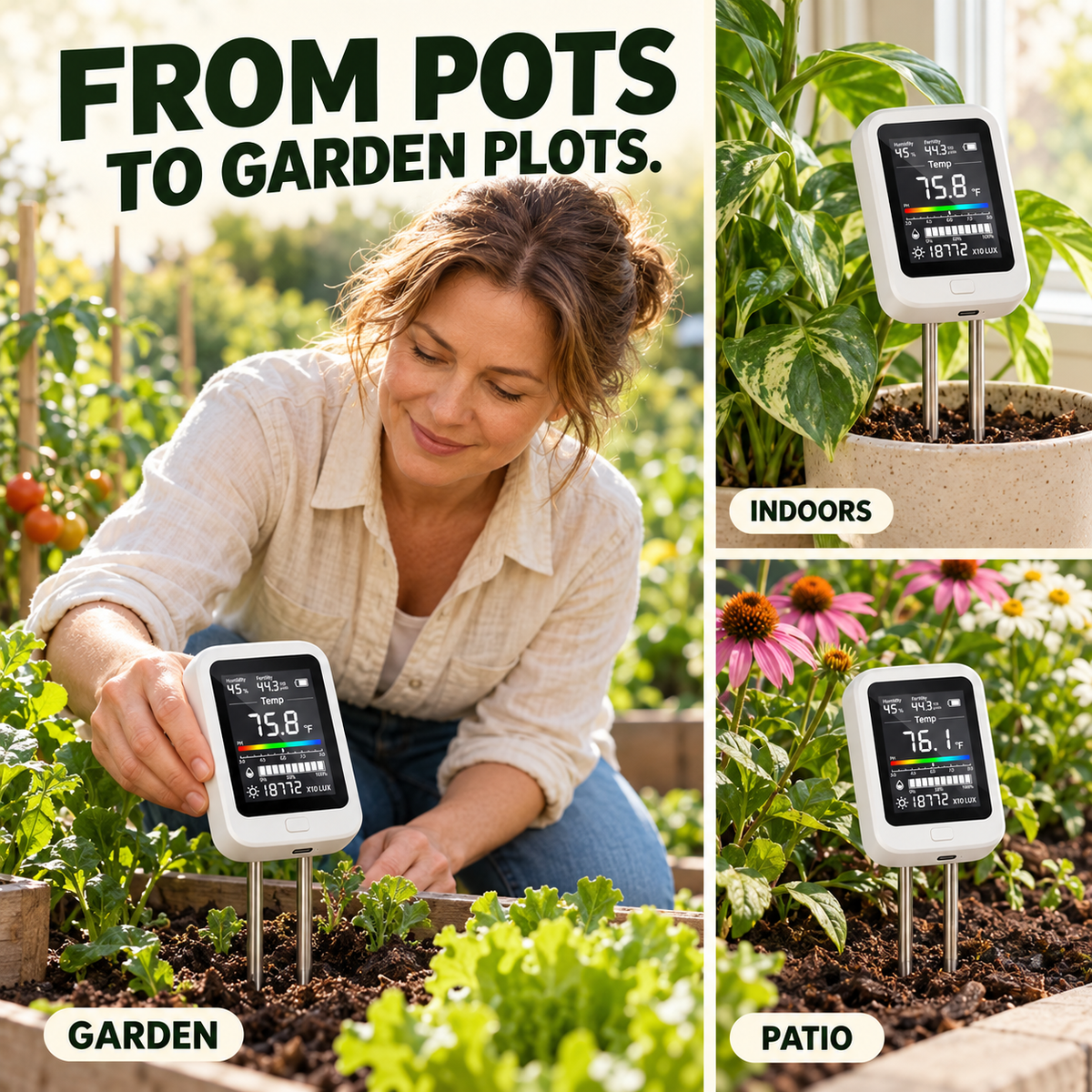 6-in-1 Digital Soil Tester with LCD Display – Moisture, pH, Fertility, Light & Temperature Meter