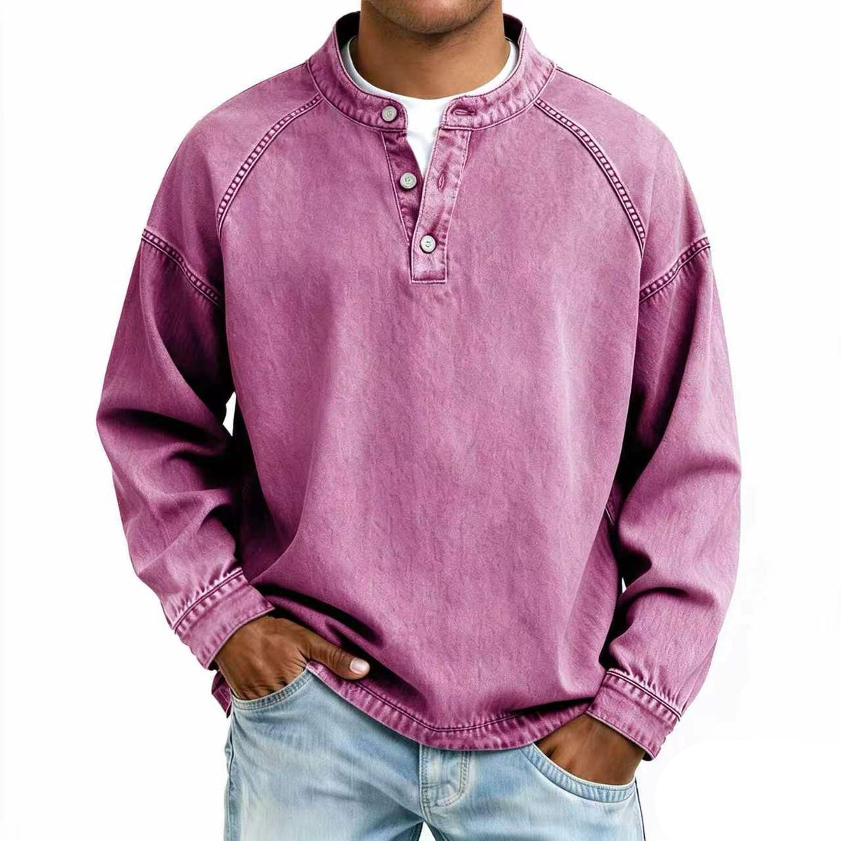 Vintage Wash Henley Sweatshirt | Casual Loose Fit Long Sleeve Top