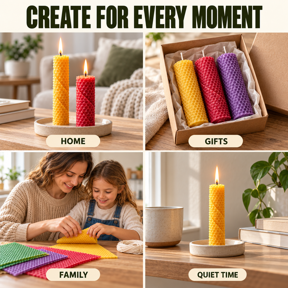 DIY Natural Beeswax Candle Making Kit – 12 Colorful Wax Sheets + 12 Wicks, Easy Handmade Gifts