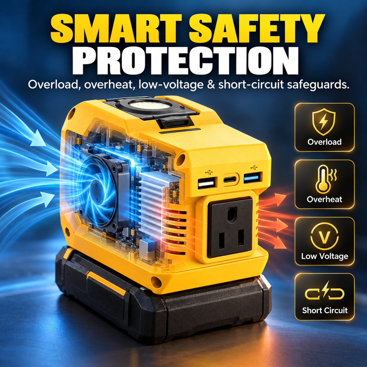 220W Portable Power Inverter with USB-C, Dual USB Ports & LED Work Light