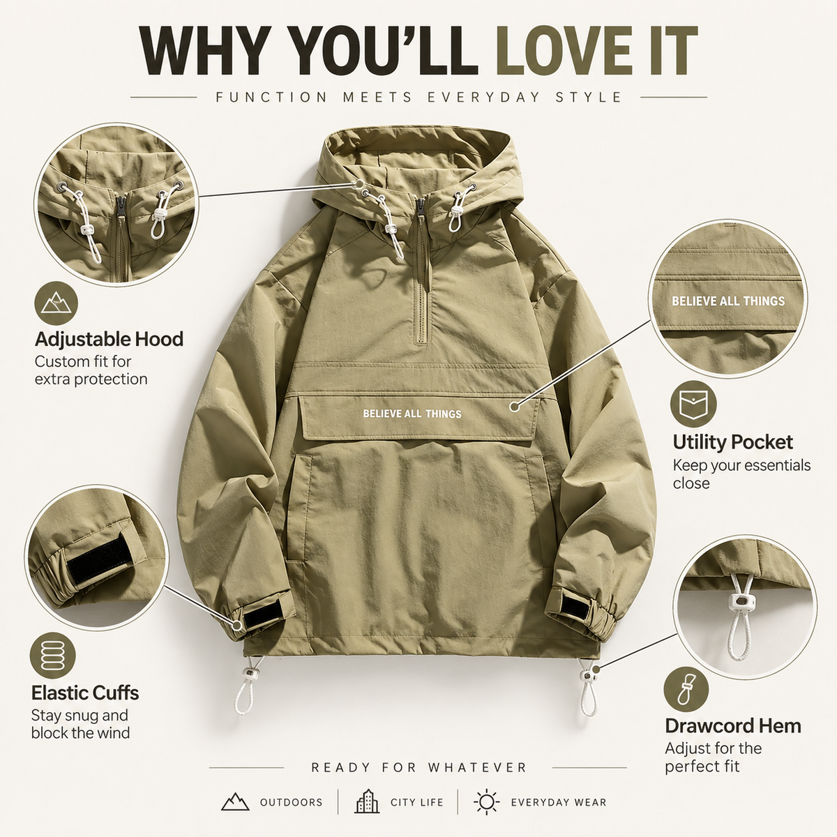 Men’s Lightweight Half-Zip Hooded Windbreaker