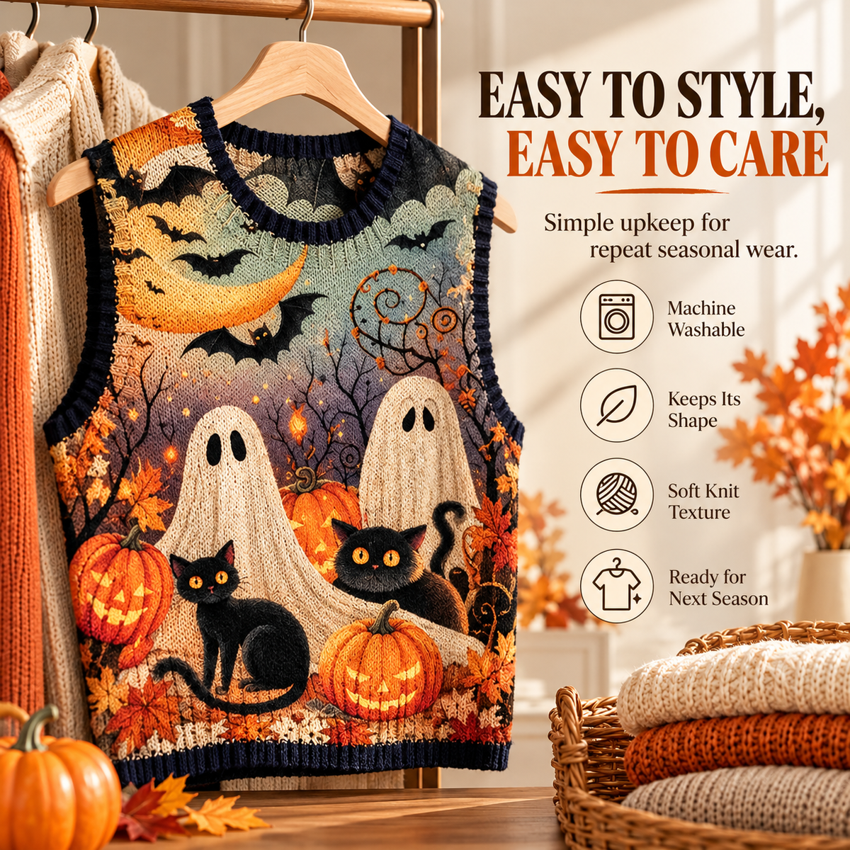 Women’s Halloween Knit Sweater Vest – Cozy Spooky Layering Top for Fall Outfits
