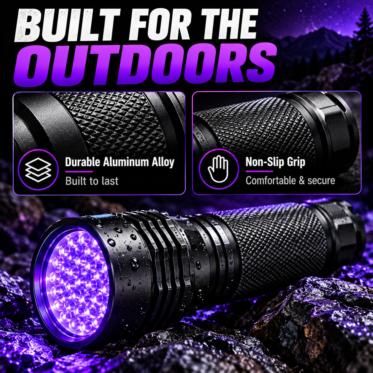 Detail views of black aluminum alloy UV flashlight with textured anti-slip grip