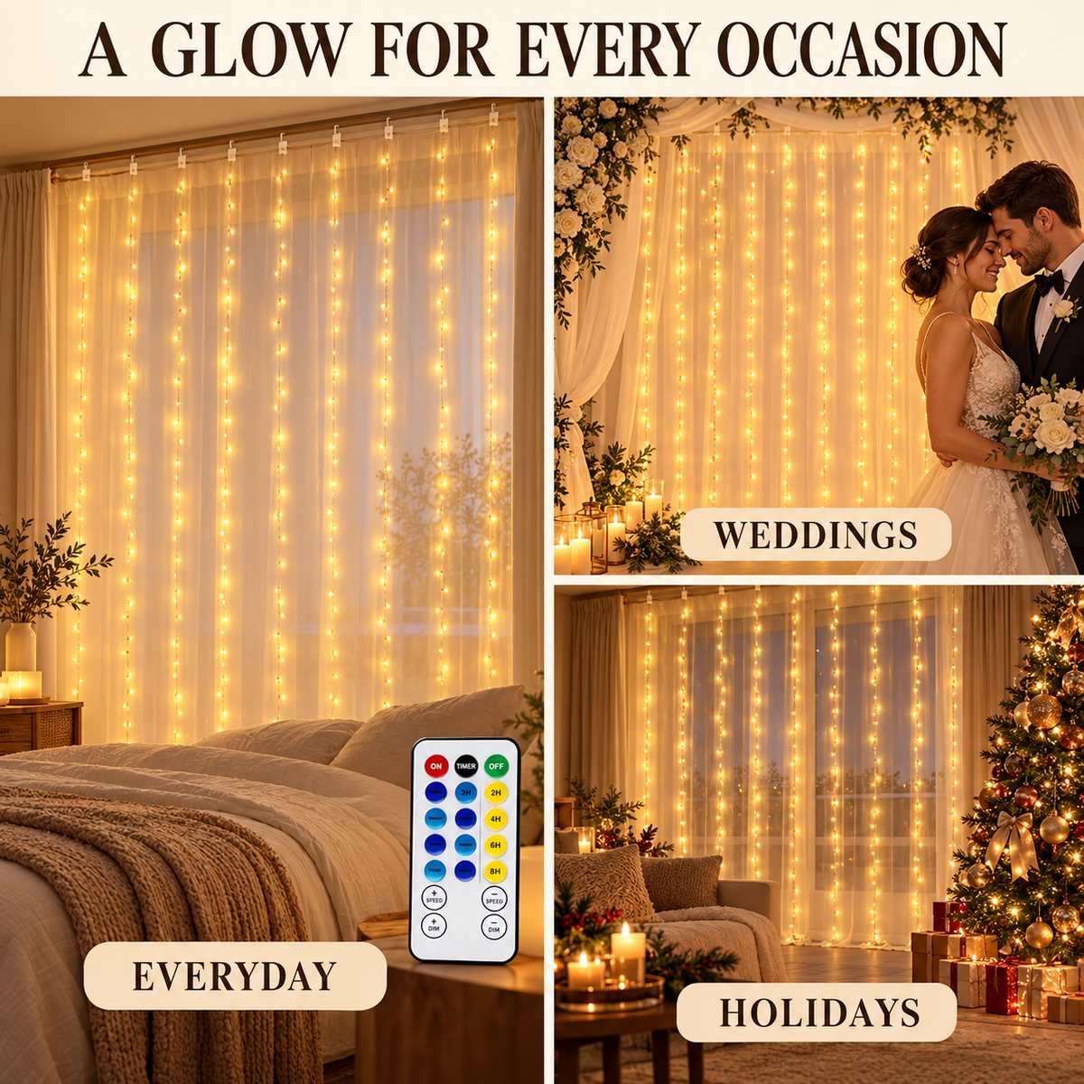 300 LED Curtain Lights – 9.8FT × 9.8FT, 8 Modes, Remote Controlled