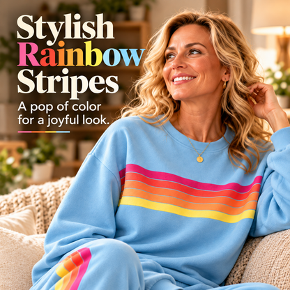 🌈Women's Retro Rainbow Stripe 2-Piece Set – Relaxed Sweatshirt & Drawstring Joggers 💕