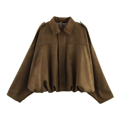 🍂 Women's Vintage Faux Suede Jacket – Oversized Cropped Fit & Zip Front