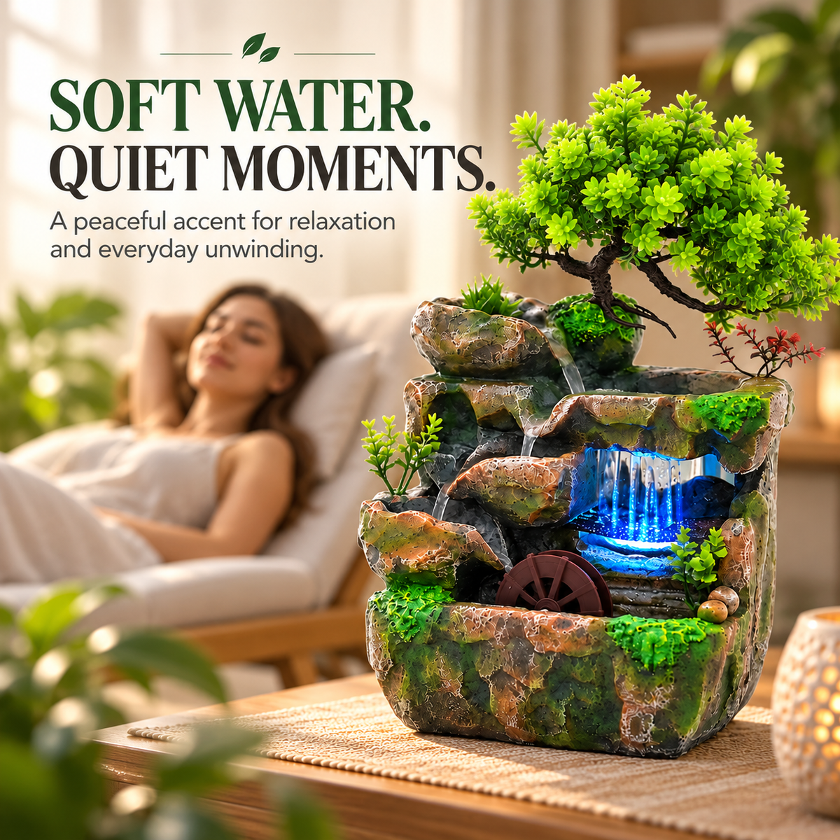 Zen Tabletop Water Fountain with LED Lights – Relaxing Indoor Waterfall Decor
