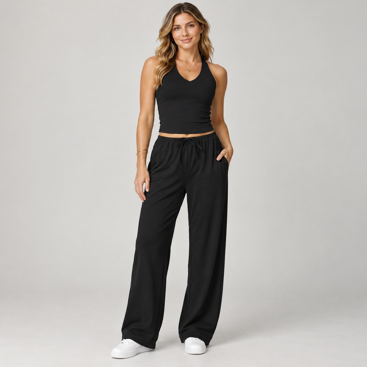 ✨ Women's Comfy 2-Piece Lounge Set – Halter Tank Top & Relaxed Wide Leg Pants
