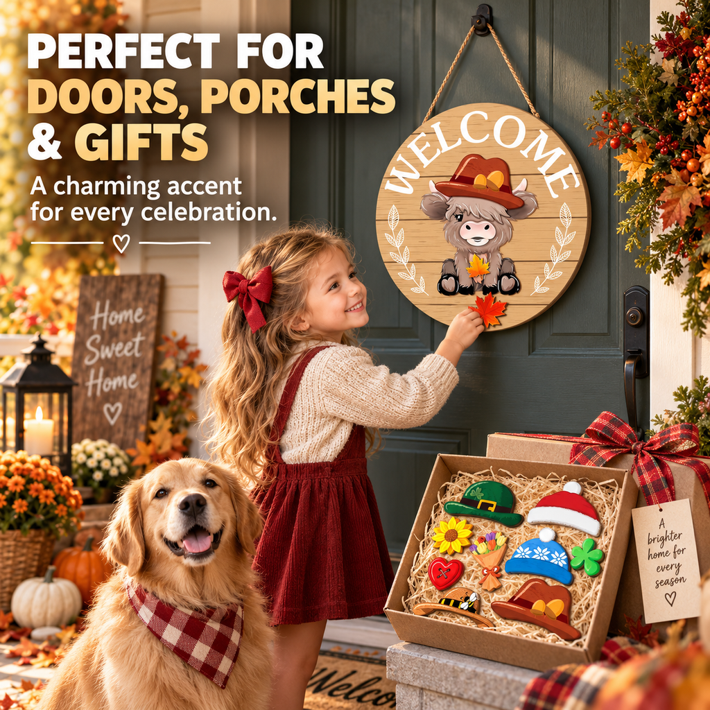 Interchangeable Front Door Welcome Sign Set with Seasonal Holiday Seasonal Icons