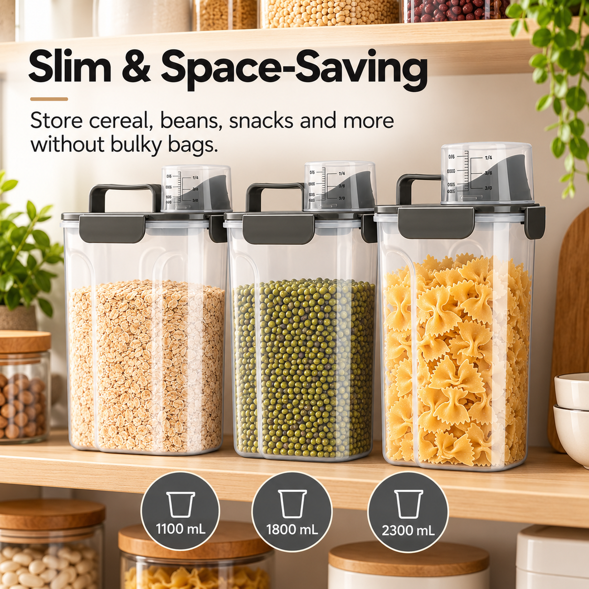 Airtight Dry Food Storage Container with Measuring Cup & Pour Spout