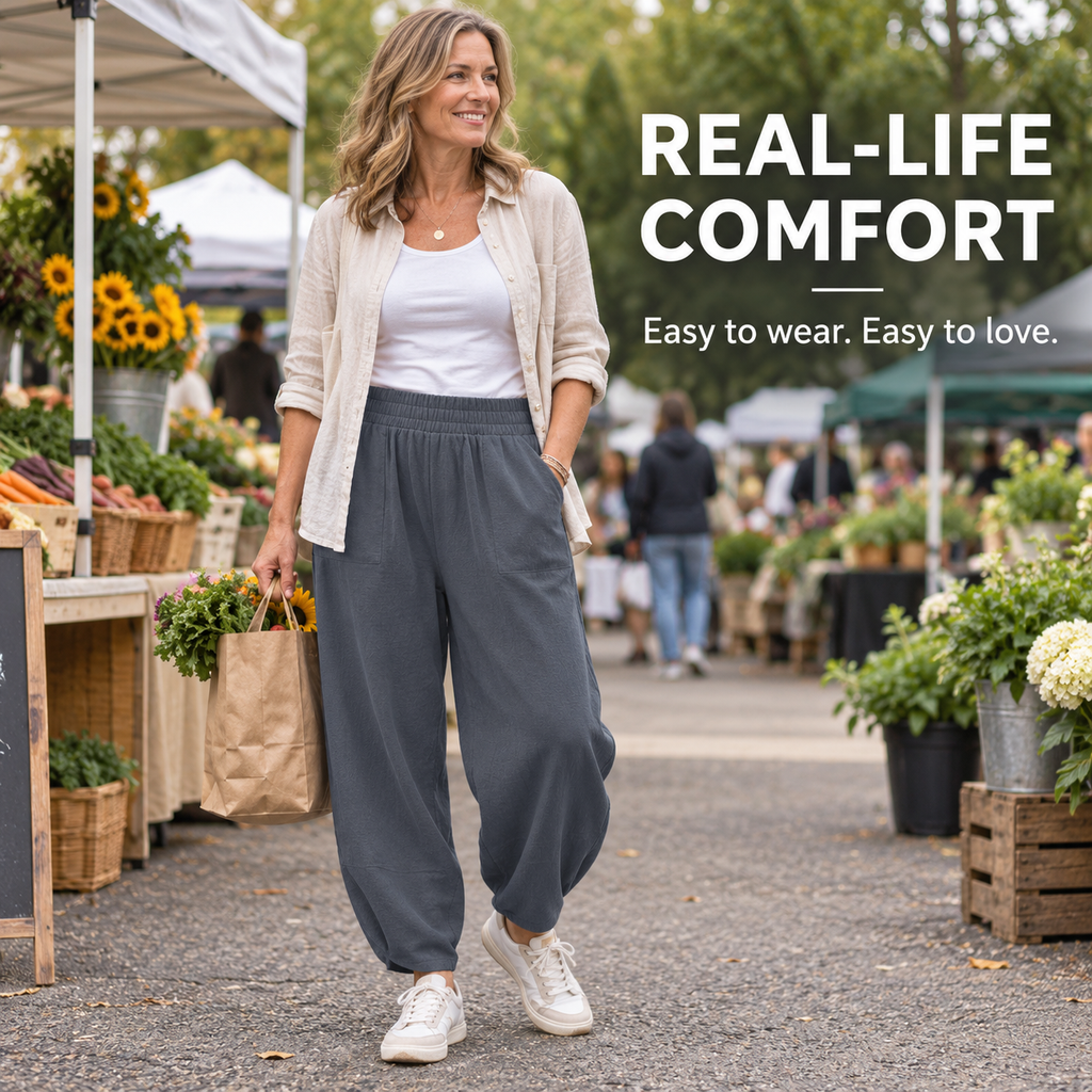 Womens Baggy Wide Leg Pants Relaxed Palazzo Harem Pants Elastic Waist with Pockets