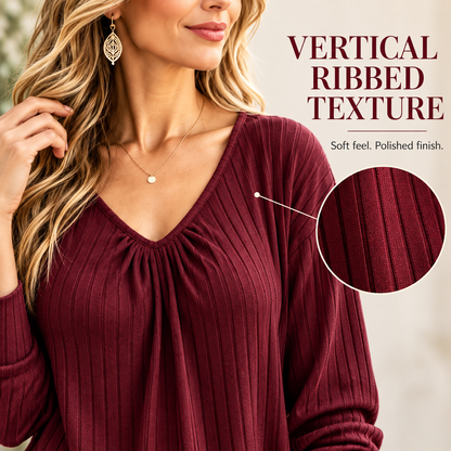 Women’s Ribbed V-Neck Relaxed Long Sleeve Top