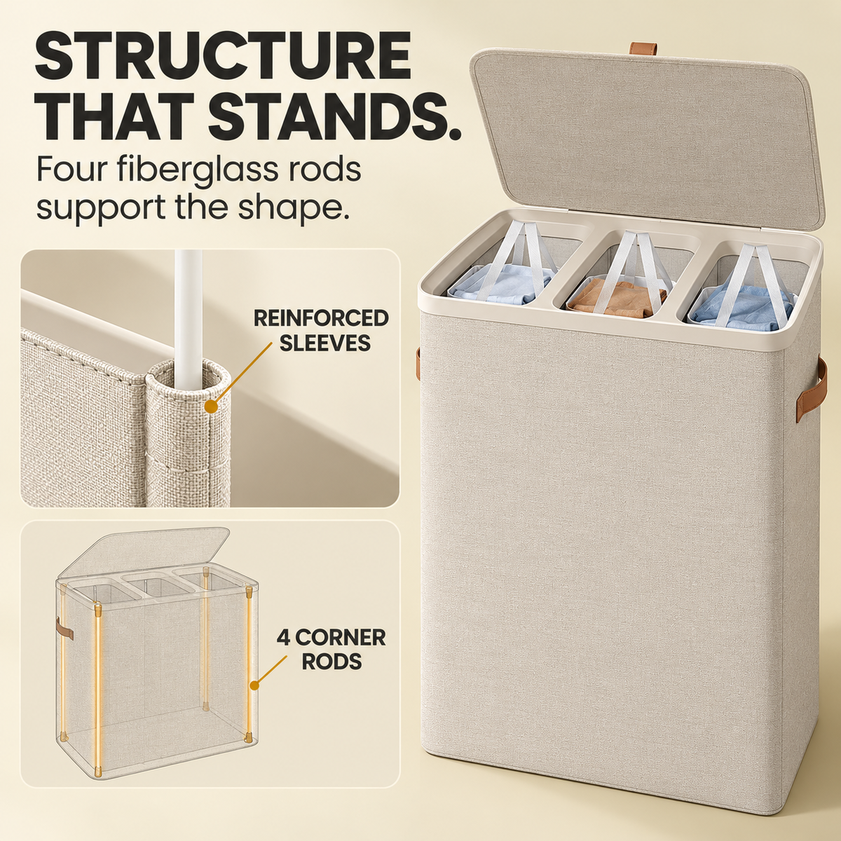 Large 3-Compartment Laundry Sorter with Lid