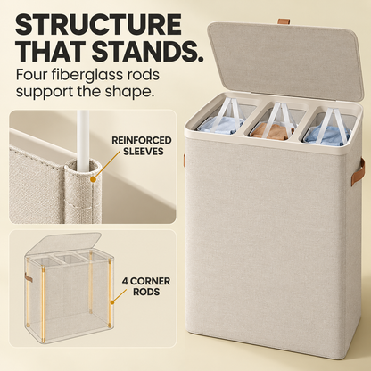 Large 3-Compartment Laundry Sorter with Lid