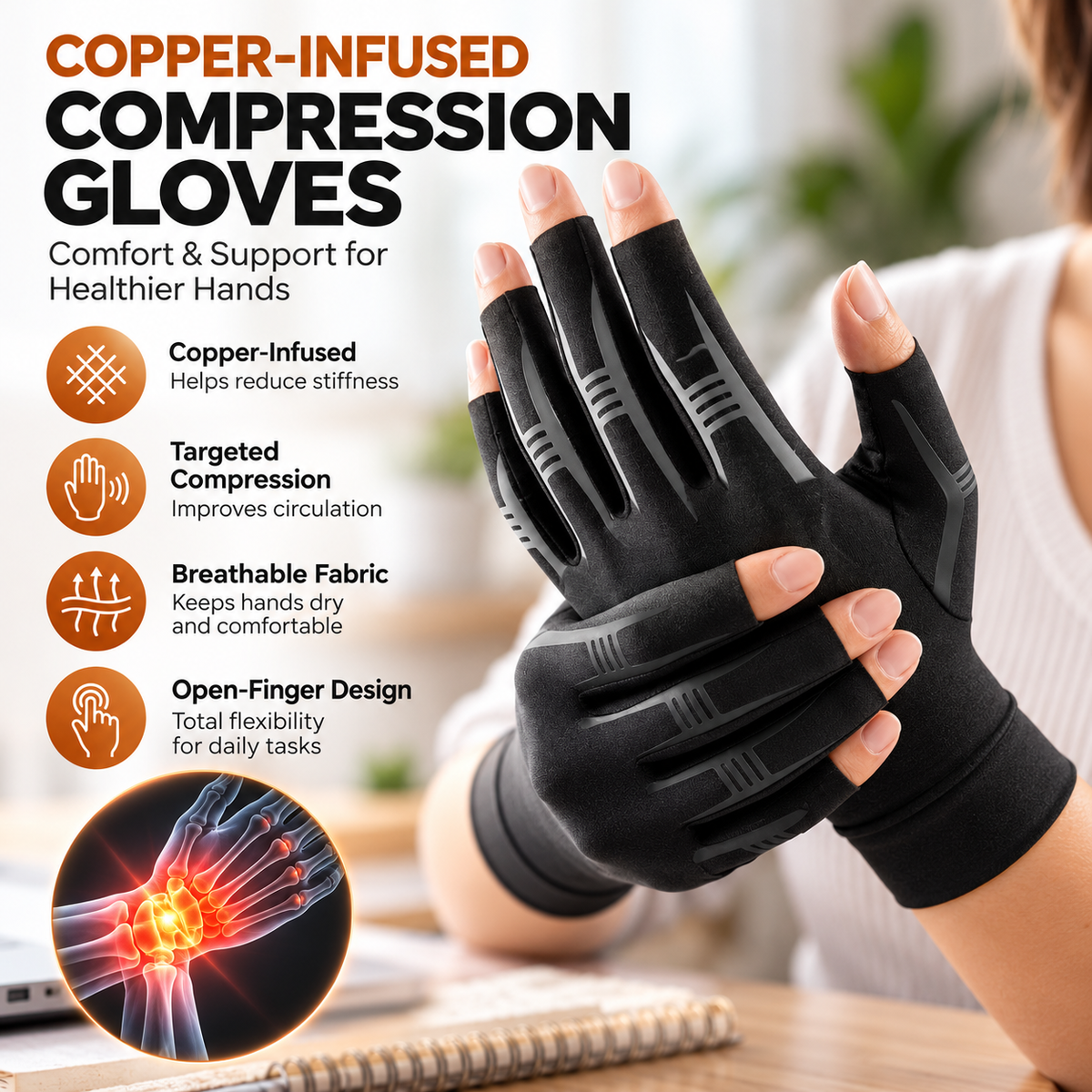 Copper-Infused Half-Finger Compression Gloves