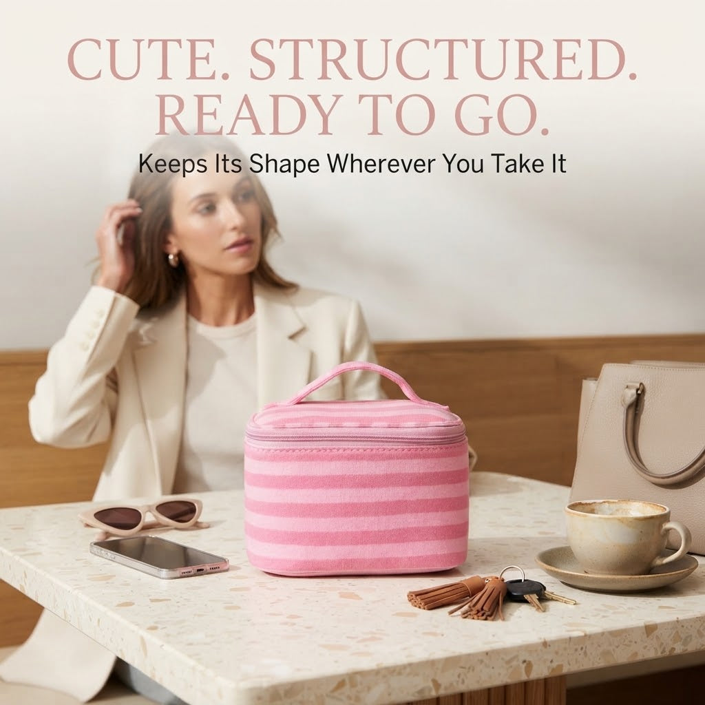 Pink Striped Portable Makeup Bag with Built-In Mirror
