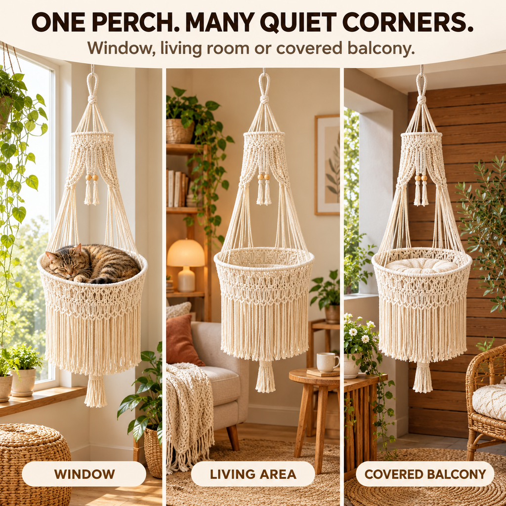 Handwoven Macramé Hanging Cat Bed for Cozy Elevated Lounging