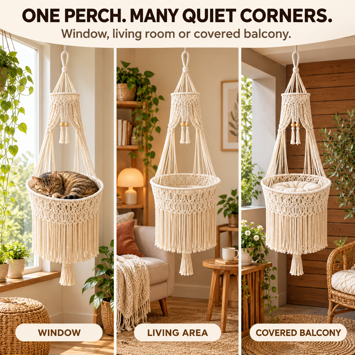 Handwoven Macramé Hanging Cat Bed for Cozy Elevated Lounging