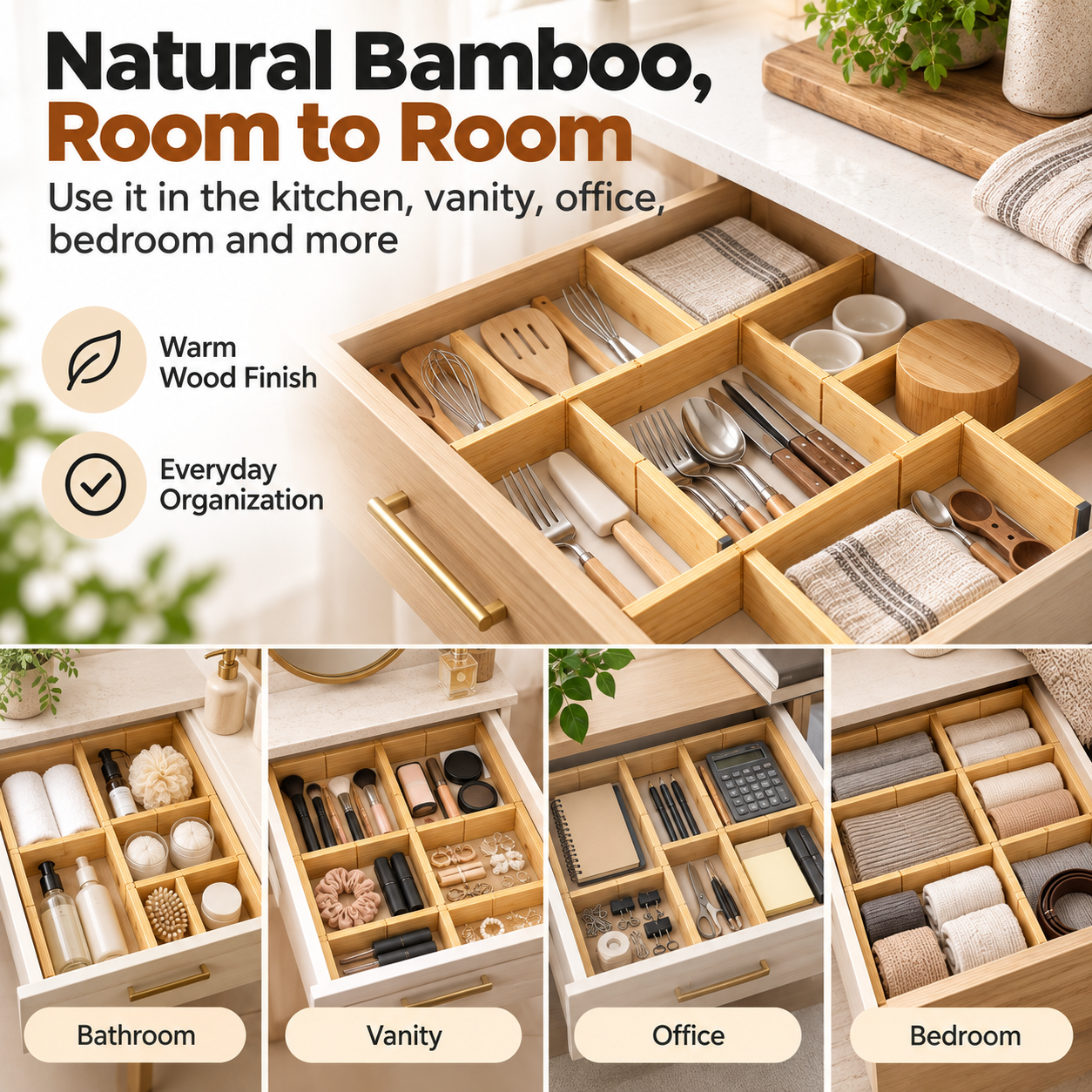 Adjustable Bamboo Drawer Dividers for Kitchen and Home