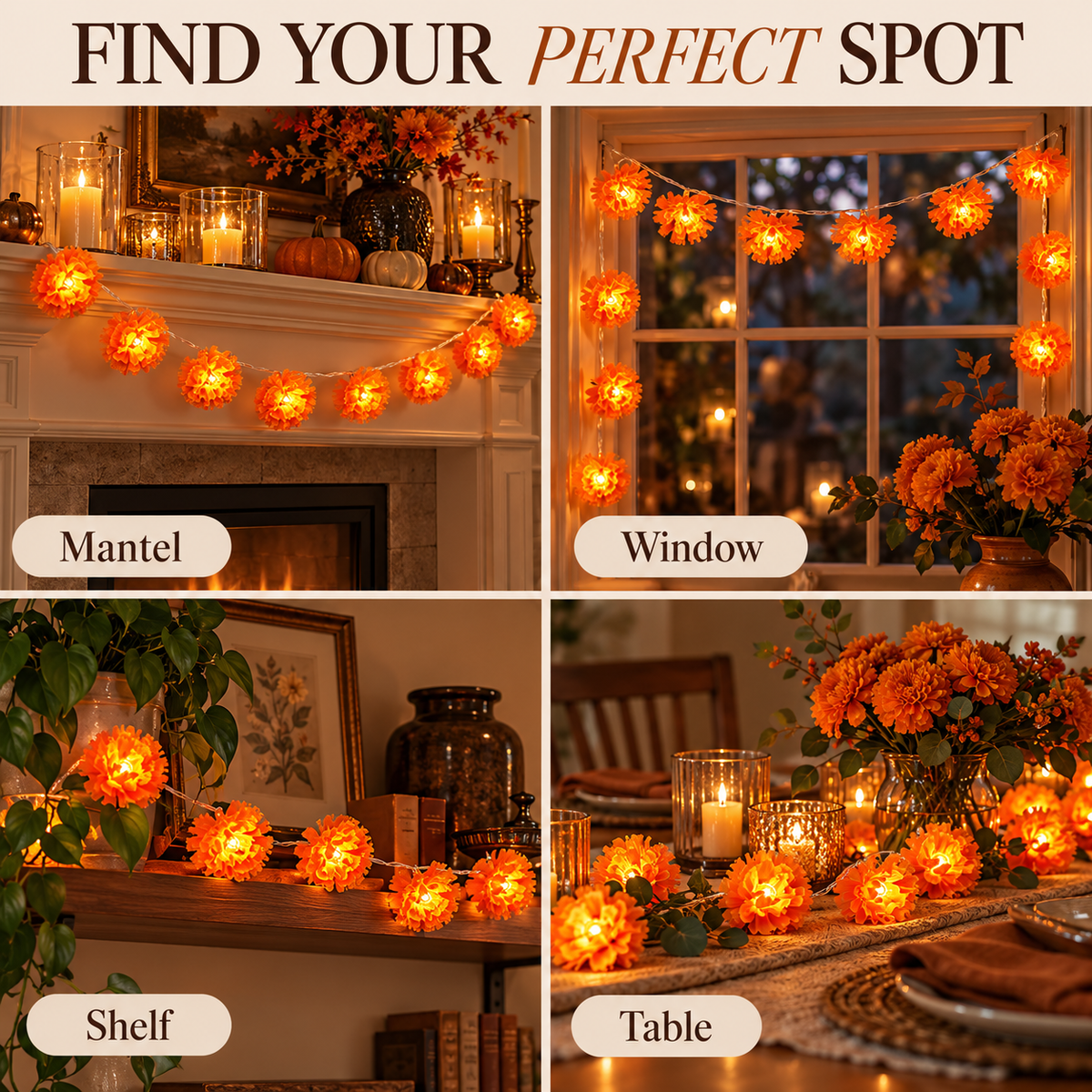 🎃 Marigold Flower String Lights – A Festive Glow for Fall & Day of the Dead 🌼