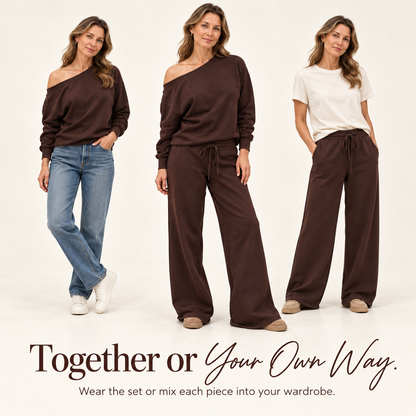 Women's 2-Piece Off-Shoulder Lounge Set – Wide Leg Pants & Sweatshirt