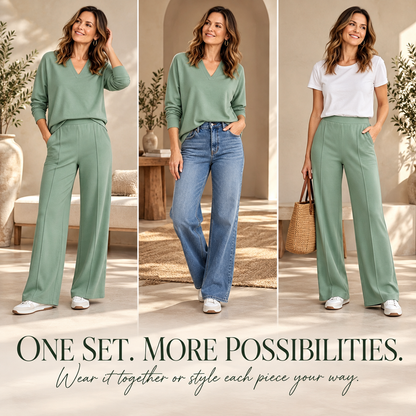 The Tailored V-Neck & Pintuck Wide-Leg Two-Piece Commuter Set