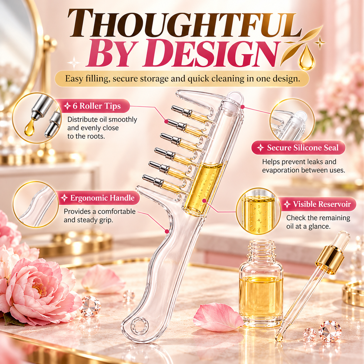 💧 Refillable Scalp Oil Applicator Comb – Precision Roller Massage for Easy, Even Hair Root Care