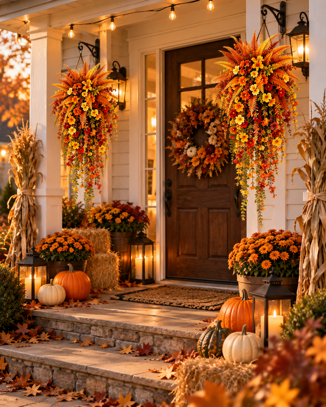 🍂 UV-Resistant Faux Boston Fern Hanging Plant – Cozy Fall & Winter Outdoor Decor