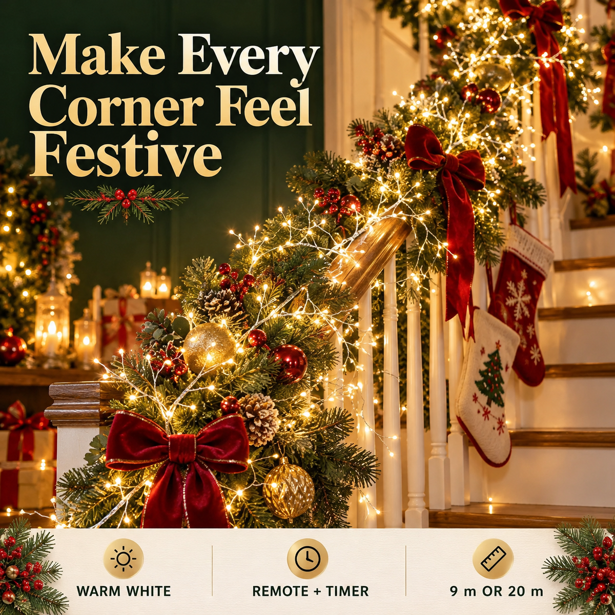 Warm White Christmas String Lights – 8 Modes, Remote & Timer