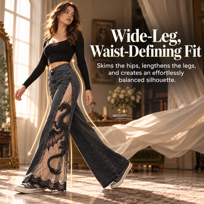 Women's Gothic Dragon Embroidered Jeans – Lace-Panel Wide-Leg Denim