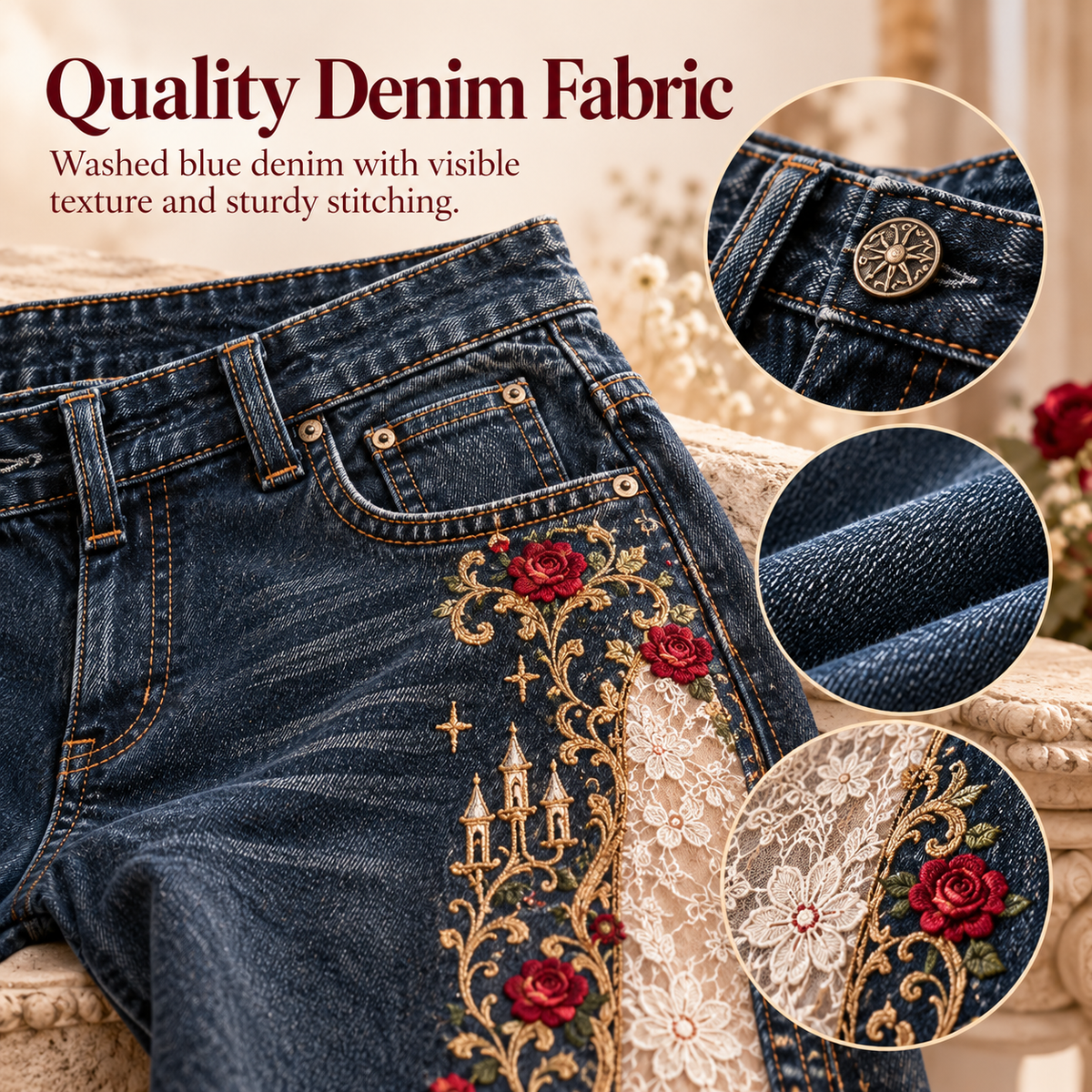 Washed denim, stitching, button and lace details