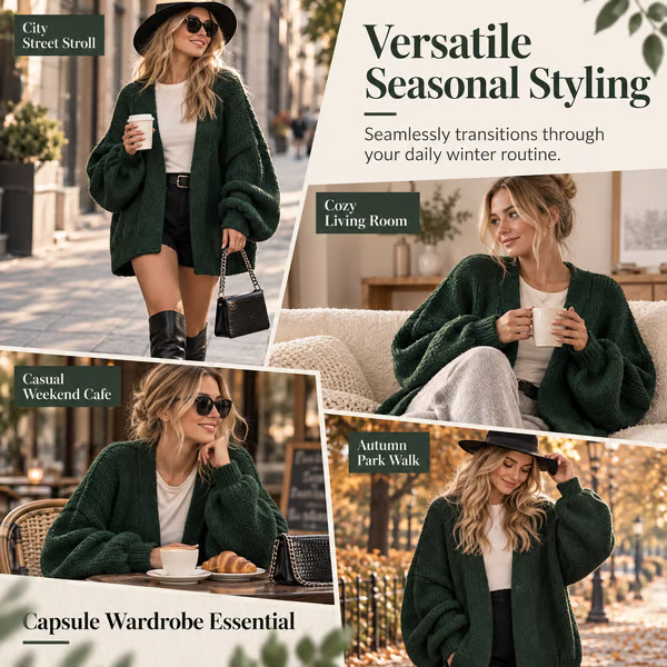 🍂Women's Oversized Cardigan Sweater Fall Long Lantern Sleeve Knit Open Front