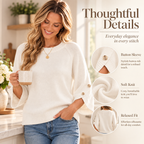 Women's 3/4 Sleeve Knit Sweater with Button-Detail Cuffs