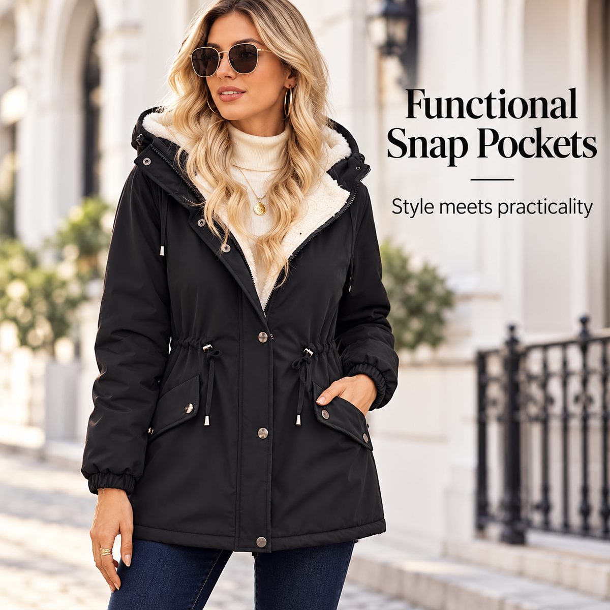 Women's Sherpa-Lined Hooded Winter Parka （Black）