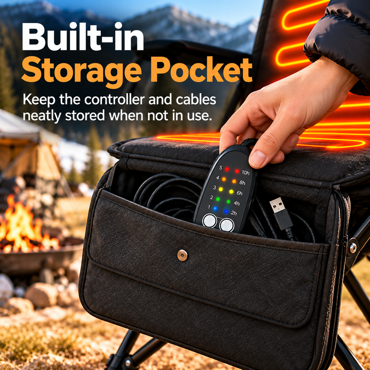 Built-in storage pocket of folding heated seat cushion holding controller