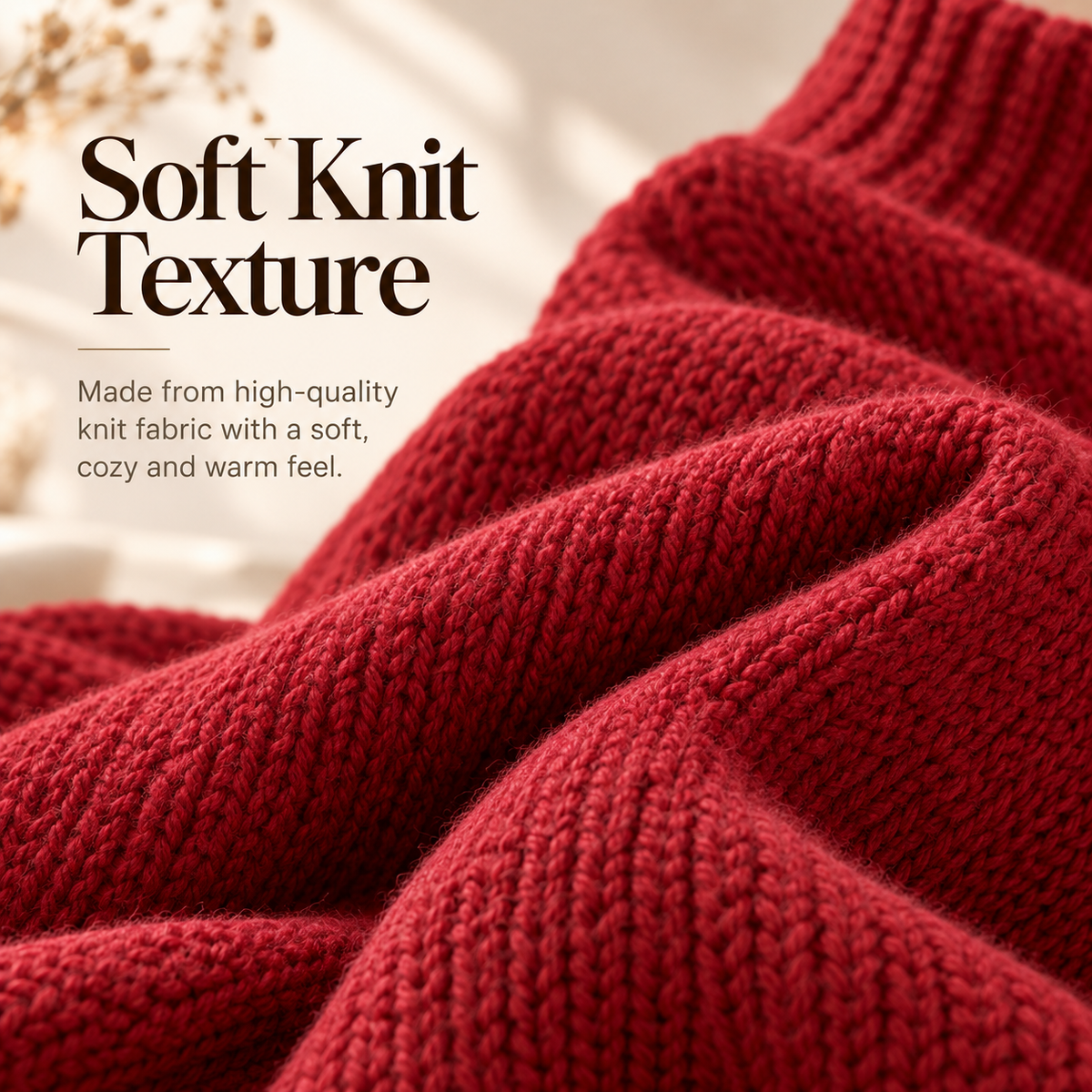 Close-up of red sweater knitted yarn texture and stitch construction