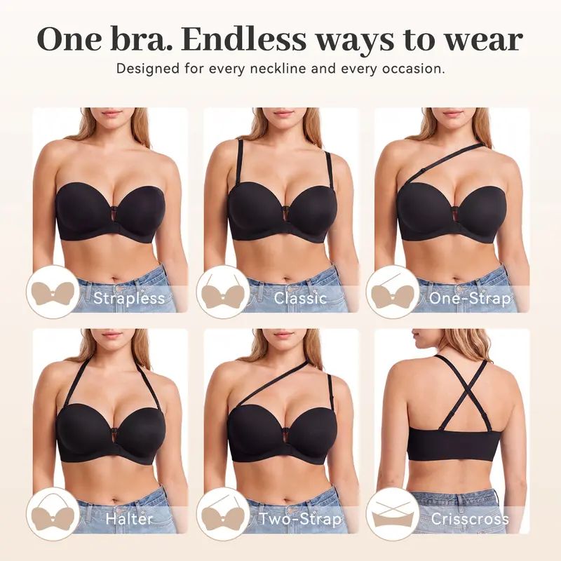 ✨Womens Strapless Front Closure Bra Push Up Lift Bra Padded Add Cup Non Slip Anti-Slip Grip & Removable Straps Fit Outfits Wireless Supportive Seamless