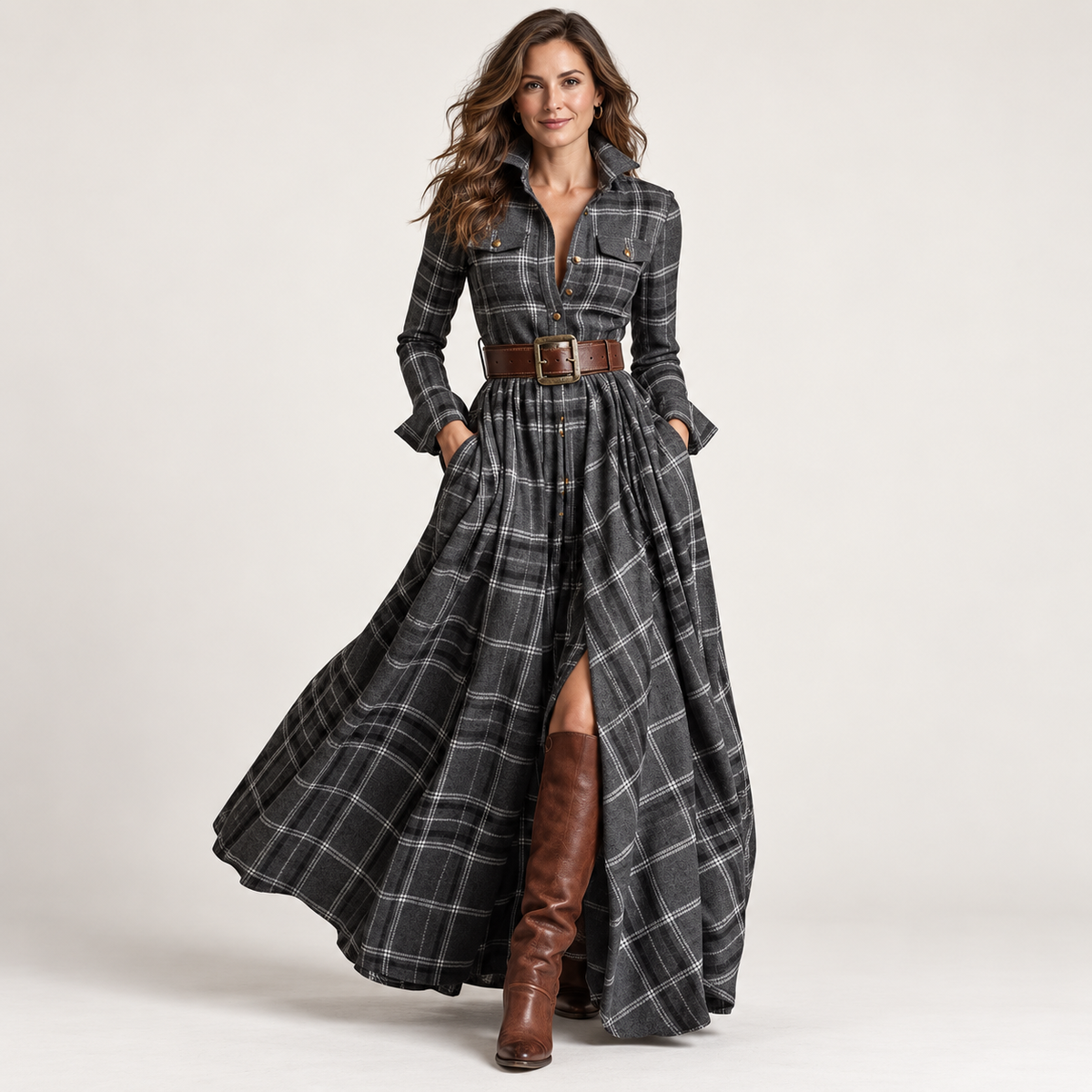 Vintage Plaid Button-Front Maxi Dress – Belt Included