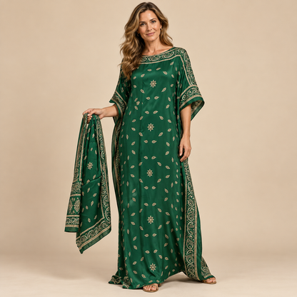 Printed Kaftan Maxi Dress & Matching Scarf Set