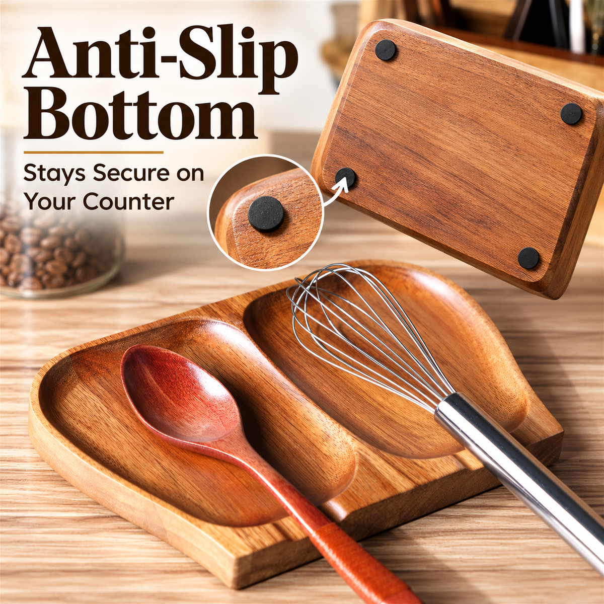 Acacia Wood Multi-Slot Utensil Rest – Countertop Spoon & Tool Holder